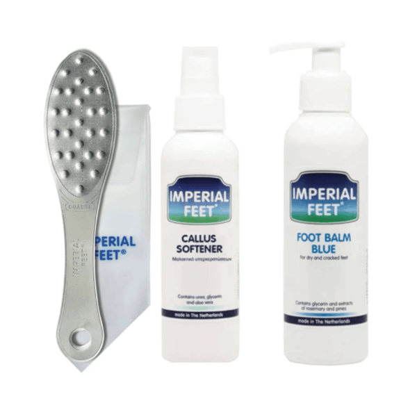 Σετ Imperial Feet Πεντικιούρ με βάλσαμο για ξηρά πόδια, μαλακτικό spray για σκληρύνσεις και ανοξείδωτη ράσπα διπλής όψης.