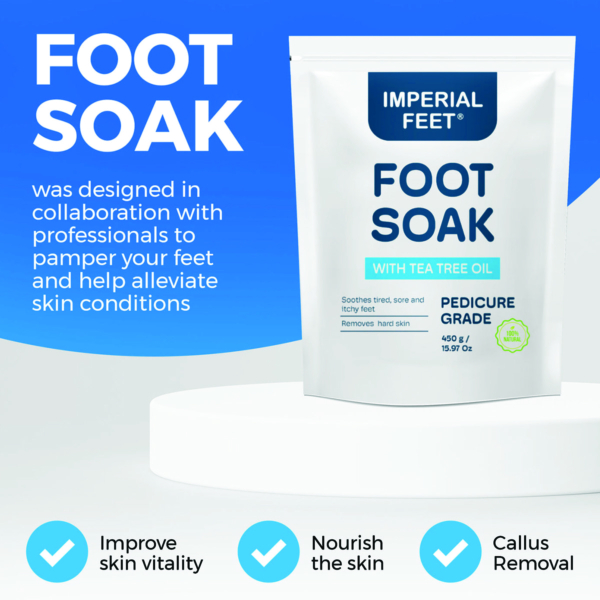 Imperial Feet Foot Soak 450g με πλεονεκτήματα όπως βελτίωση της υγείας του δέρματος, ενυδάτωση και αφαίρεση σκληρύνσεων.