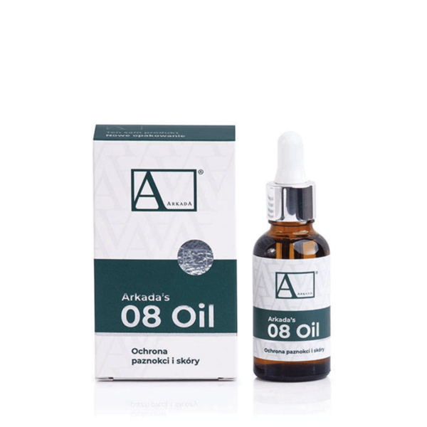 Arkada’s 08 Oil 30ml με συσκευασία, διάλυμα με φυσικά έλαια για νύχια και δέρμα.