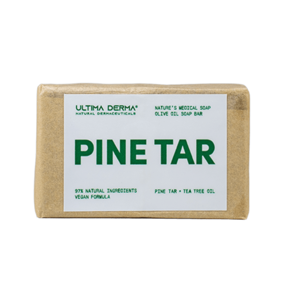 Συσκευασία του Ultima Derma Pine Tar Medical Soap Bar 125gr με λευκή ετικέτα. Φυσικό σαπούνι με μαύρη πεύκη και έλαιο τεϊόδεντρου, ιδανικό για δερματικά προβλήματα όπως ψωρίαση και ξηροδερμία.