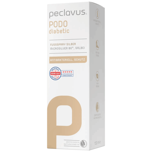 Μπροστινή όψη της συσκευασίας Peclavus Silver Foot Spray με MicroSilver και φασκόμηλο