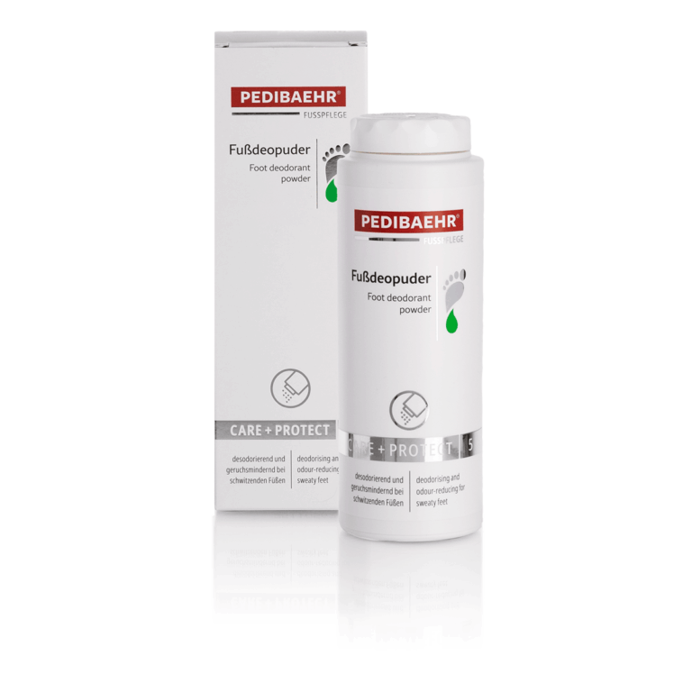 Προϊόν PEDIBAEHR 100g μαζί με τη συσκευασία του – πούδρα για αποσμητική προστασία στα πόδια με λεμονόχορτο και καλαμπόκι