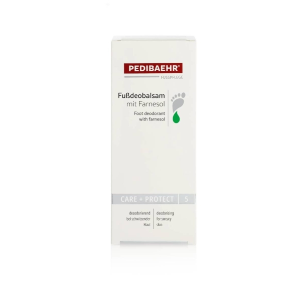 Εξωτερική συσκευασία PEDIBAEHR Fußdeobalsam mit Farnesol, αποσμητικό βάλσαμο ποδιών της σειράς Care + Protect.