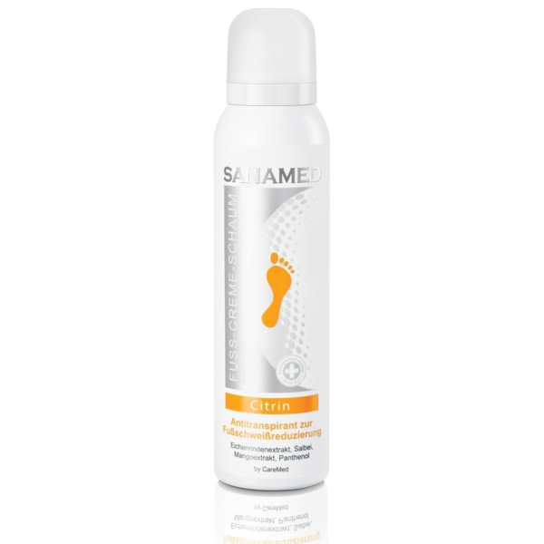 Sanamed Citrin κρέμα-αφρός ποδιών 150ml σε λευκό κυλινδρικό μπουκάλι με πορτοκαλί εικονίδιο πατούσας, για μείωση εφίδρωσης και κακοσμίας, με εκχύλισμα φλοιού δρυός, φασκόμηλο, εκχύλισμα μάνγκο και πανθενόλη