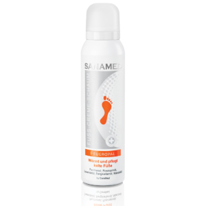 Sanamed Feueropal κρέμα-αφρός ποδιών 150ml σε λευκό κυλινδρικό μπουκάλι με πορτοκαλί εικονίδιο πατούσας, για ζέσταμα και περιποίηση κρύων ποδιών, με πανθενόλη, έλαιο δεντρολίβανου, λεβάντας, πεύκου βουνού και αμυγδαλέλαιο