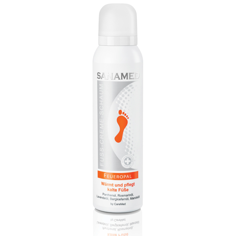 Sanamed Feueropal κρέμα-αφρός ποδιών 150ml σε λευκό κυλινδρικό μπουκάλι με πορτοκαλί εικονίδιο πατούσας, για ζέσταμα και περιποίηση κρύων ποδιών, με πανθενόλη, έλαιο δεντρολίβανου, λεβάντας, πεύκου βουνού και αμυγδαλέλαιο