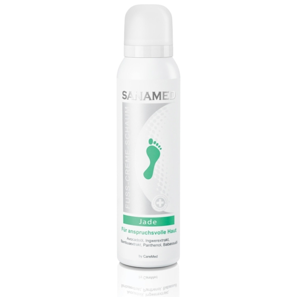 Sanamed Jade κρέμα-αφρός ποδιών 150ml σε λευκό κυλινδρικό μπουκάλι με ασημί λωρίδα και πράσινο εικονίδιο πατούσας, για ξηρό & ευαίσθητο δέρμα, με έλαιο αβοκάντο, babassu, τζίντζερ, μπαμπού, ουρία & πανθενόλη.