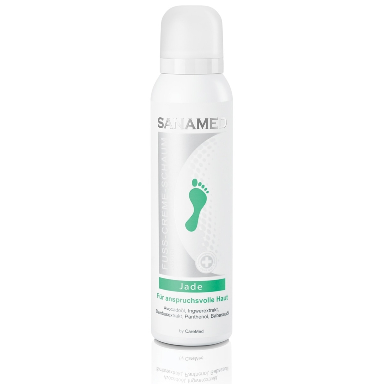 Sanamed Jade κρέμα-αφρός ποδιών 150ml σε λευκό κυλινδρικό μπουκάλι με ασημί λωρίδα και πράσινο εικονίδιο πατούσας, για ξηρό & ευαίσθητο δέρμα, με έλαιο αβοκάντο, babassu, τζίντζερ, μπαμπού, ουρία & πανθενόλη.
