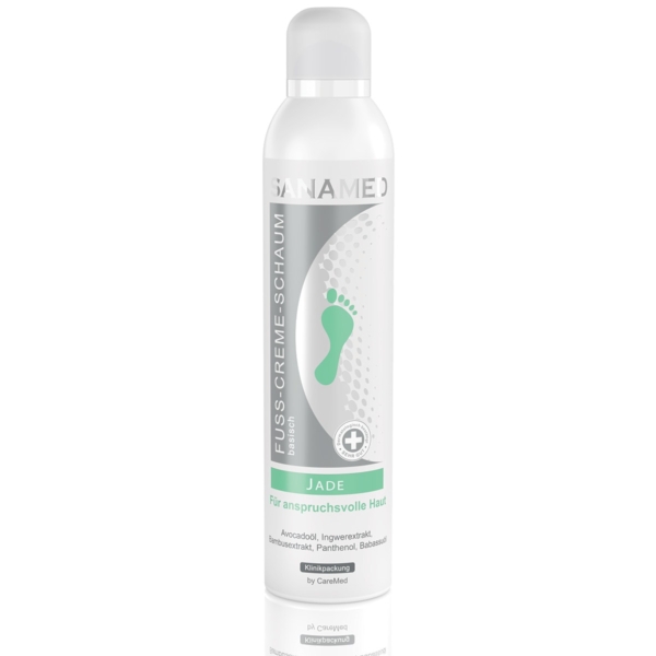 Sanamed Jade κρέμα-αφρός ποδιών καμπίνας 300ml σε λευκό κυλινδρικό μπουκάλι με ασημί λωρίδα και πράσινο εικονίδιο πατούσας, για ξηρό & ευαίσθητο δέρμα, με έλαιο αβοκάντο, babassu, τζίντζερ, μπαμπού, ουρία & πανθενόλη, κατάλληλη για επαγγελματική χρήση.