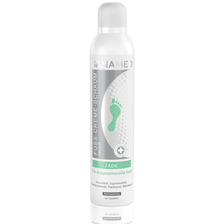Sanamed Jade κρέμα-αφρός ποδιών καμπίνας 300ml σε λευκό κυλινδρικό μπουκάλι με ασημί λωρίδα και πράσινο εικονίδιο πατούσας, για ξηρό & ευαίσθητο δέρμα, με έλαιο αβοκάντο, babassu, τζίντζερ, μπαμπού, ουρία & πανθενόλη, κατάλληλη για επαγγελματική χρήση.