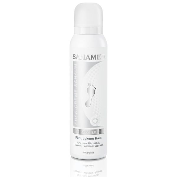 Sanamed Mikrosilber κρέμα-αφρός ποδιών 150ml σε λευκό κυλινδρικό μπουκάλι, για πολύ ξηρό και ευαίσθητο σε μύκητες δέρμα, με 10% ουρία, μικροάργυρο, πανθενόλη, σκουαλάνιο και έλαιο jojoba
