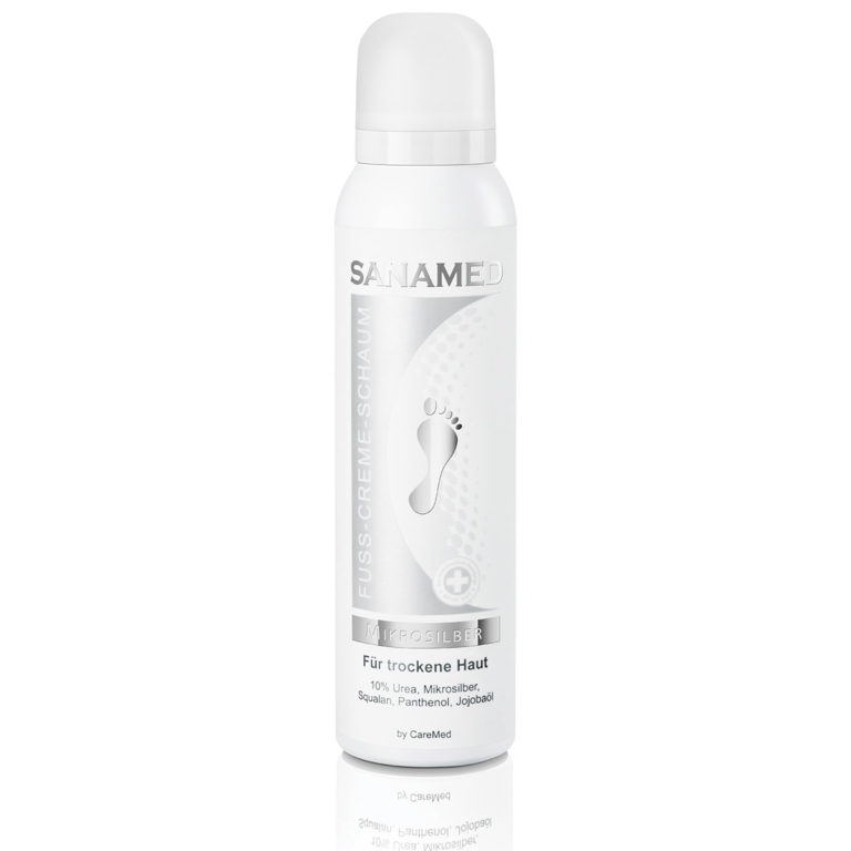 Sanamed Mikrosilber κρέμα-αφρός ποδιών 150ml σε λευκό κυλινδρικό μπουκάλι, για πολύ ξηρό και ευαίσθητο σε μύκητες δέρμα, με 10% ουρία, μικροάργυρο, πανθενόλη, σκουαλάνιο και έλαιο jojoba