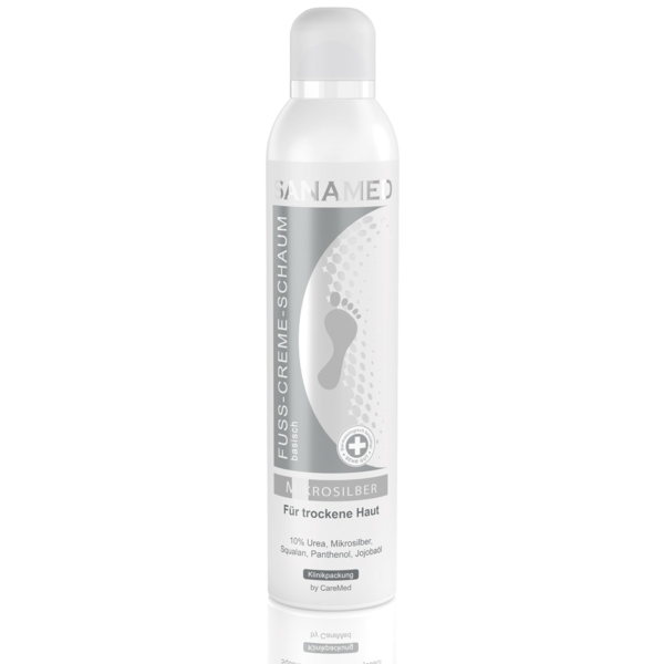 Sanamed Mikrosilber κρέμα-αφρός ποδιών καμπίνας 300ml σε λευκό κυλινδρικό μπουκάλι, για πολύ ξηρό και ευαίσθητο σε μύκητες δέρμα, με 10% ουρία, μικροάργυρο, πανθενόλη, σκουαλάνιο και έλαιο jojoba