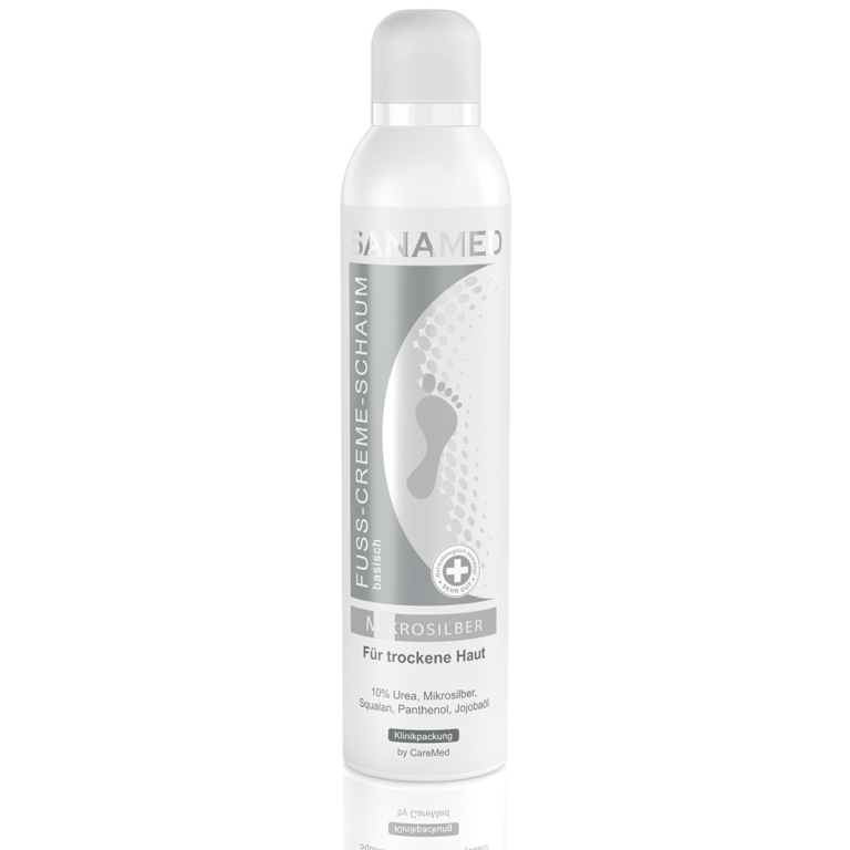 Sanamed Mikrosilber κρέμα-αφρός ποδιών καμπίνας 300ml σε λευκό κυλινδρικό μπουκάλι, για πολύ ξηρό και ευαίσθητο σε μύκητες δέρμα, με 10% ουρία, μικροάργυρο, πανθενόλη, σκουαλάνιο και έλαιο jojoba