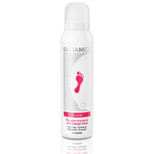 Sanamed Rubin κρέμα-αφρός ποδιών 150ml σε λευκό κυλινδρικό μπουκάλι με ροζ εικονίδιο πατούσας, περιγραφή για πολύ ξηρό και σκασμένο δέρμα, με 15% ουρία, πανθενόλη, Pentavitin και βισαβολόλη, κατάλληλη για διαβητικούς