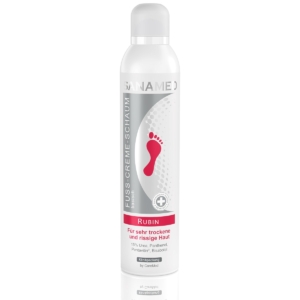 Sanamed Rubin κρέμα-αφρός ποδιών καμπίνας 300ml σε λευκό κυλινδρικό μπουκάλι με ροζ εικονίδιο πατούσας, για πολύ ξηρό και σκασμένο δέρμα, με 15% ουρία, πανθενόλη, Pentavitin και βισαβολόλη, κατάλληλη για επαγγελματική χρήση και διαβητικούς