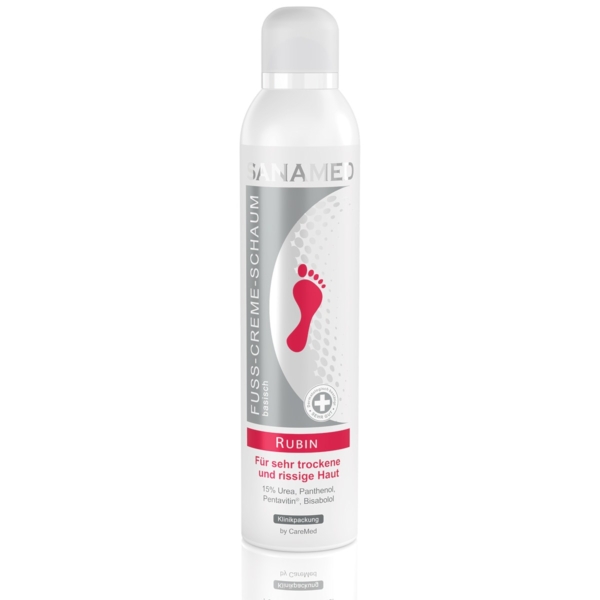 Sanamed Rubin κρέμα-αφρός ποδιών καμπίνας 300ml σε λευκό κυλινδρικό μπουκάλι με ροζ εικονίδιο πατούσας, για πολύ ξηρό και σκασμένο δέρμα, με 15% ουρία, πανθενόλη, Pentavitin και βισαβολόλη, κατάλληλη για επαγγελματική χρήση και διαβητικούς