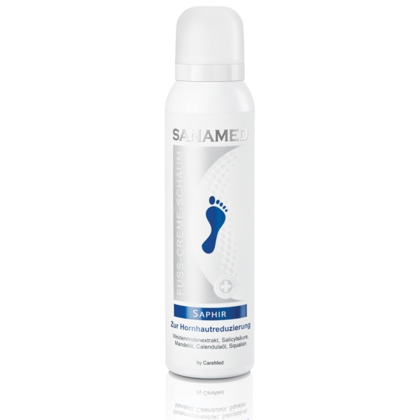 Sanamed Saphir κρέμα-αφρός ποδιών 150ml σε λευκό ψηλό κυλινδρικό μπουκάλι με μπλε εικονίδιο πατούσας, για σκληρύνσεις και ραγάδες, με ουρία, σαλικυλικό οξύ, αμυγδαλέλαιο, λάδι καλέντουλας και σκουαλάνιο