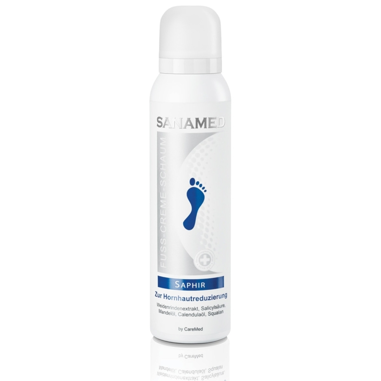 Sanamed Saphir κρέμα-αφρός ποδιών 150ml σε λευκό ψηλό κυλινδρικό μπουκάλι με μπλε εικονίδιο πατούσας, για σκληρύνσεις και ραγάδες, με ουρία, σαλικυλικό οξύ, αμυγδαλέλαιο, λάδι καλέντουλας και σκουαλάνιο