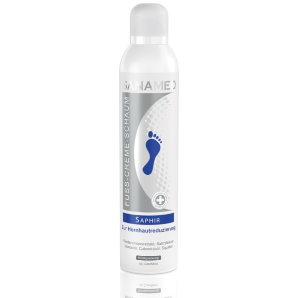 Sanamed Saphir κρέμα-αφρός ποδιών καμπίνας 300ml σε λευκό ψηλό κυλινδρικό μπουκάλι με μπλε εικονίδιο πατούσας, για σκληρύνσεις και ραγάδες, με ουρία, γλυκερίνη, εκχύλισμα φλοιού ιτιάς και σαλικυλικό οξύ, κατάλληλη για επαγγελματική χρήση