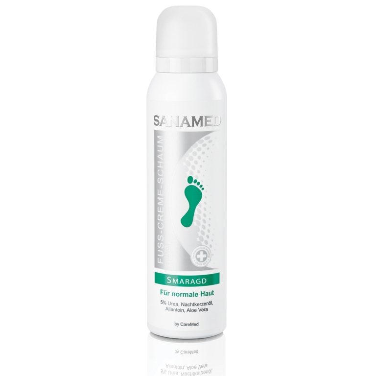 Sanamed Smaragd κρέμα-αφρός ποδιών 150ml σε λευκό κυλινδρικό μπουκάλι με πράσινο εικονίδιο πατούσας, για ξηρό και ευαίσθητο δέρμα, με 5% ουρία, έλαιο νυχτολούλουδου, αλλαντοΐνη και αλόη βέρα