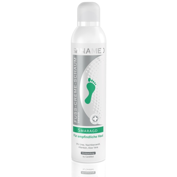 Sanamed Smaragd κρέμα-αφρός ποδιών καμπίνας 300ml σε λευκό ψηλό κυλινδρικό μπουκάλι με πράσινο εικονίδιο πατούσας, για ξηρό και ευαίσθητο δέρμα, με 5% ουρία, έλαιο νυχτολούλουδου, αλλαντοΐνη και αλόη βέρα, κατάλληλη για επαγγελματική χρήση