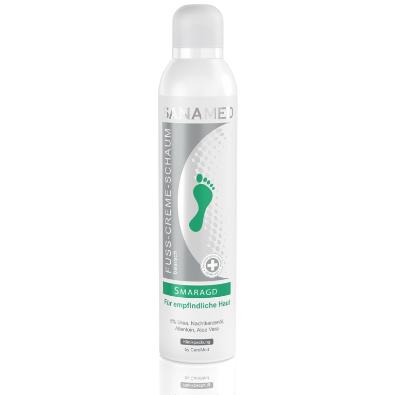 Sanamed Smaragd κρέμα-αφρός ποδιών καμπίνας 300ml σε λευκό ψηλό κυλινδρικό μπουκάλι με πράσινο εικονίδιο πατούσας, για ξηρό και ευαίσθητο δέρμα, με 5% ουρία, έλαιο νυχτολούλουδου, αλλαντοΐνη και αλόη βέρα, κατάλληλη για επαγγελματική χρήση