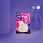 Παρουσίαση STALEKS Ανταλλακτικά Pads PODODISC M 20mm 80 Grit – συσκευασία 50 τεμαχίων με φόντο μοβ και ροζ γραφικά