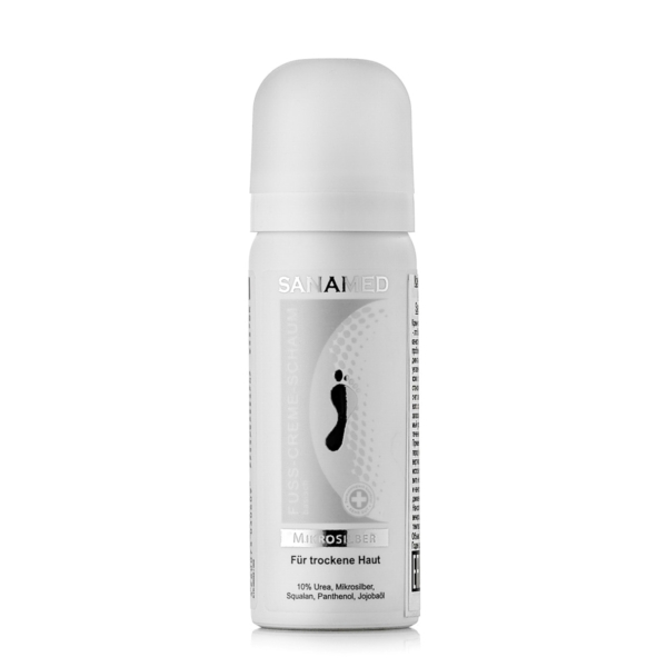 Sanamed Mikrosilber κρέμα-αφρός ποδιών 50ml σε λευκό κυλινδρικό μπουκάλι, για πολύ ξηρό και ευαίσθητο σε μύκητες δέρμα, με 10% ουρία, μικροάργυρο, πανθενόλη, σκουαλάνιο και έλαιο jojoba