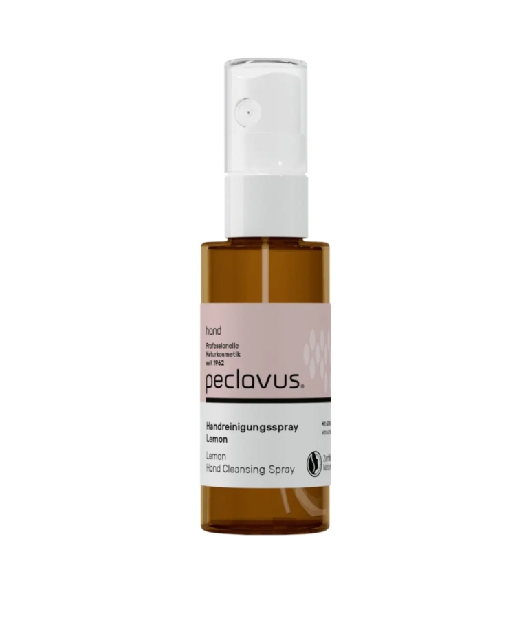 Σπρέι καθαρισμού χεριών peclavus Lemon 50ml σε γυάλινο φιαλίδιο.