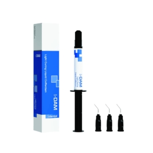 Σύριγγα 3.5g και κουτί του μπλε υγρού απομονωτήρα i-Dental i-DAM με 3 μαύρα ρύγχη εφαρμογής.