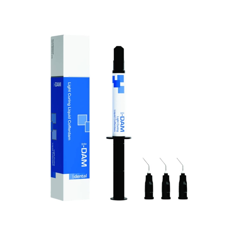 Σύριγγα 3.5g και κουτί του μπλε υγρού απομονωτήρα i-Dental i-DAM με 3 μαύρα ρύγχη εφαρμογής.