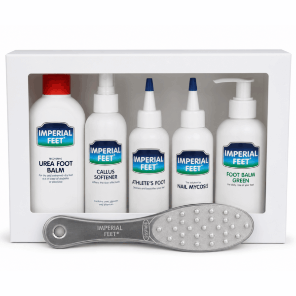 Συσκευασία δώρου Imperial Feet Pedicure Set X5 που περιλαμβάνει 5 θεραπευτικά προϊόντα περιποίησης ποδιών και δώρο μια επαγγελματική μεταλλική ράσπα.