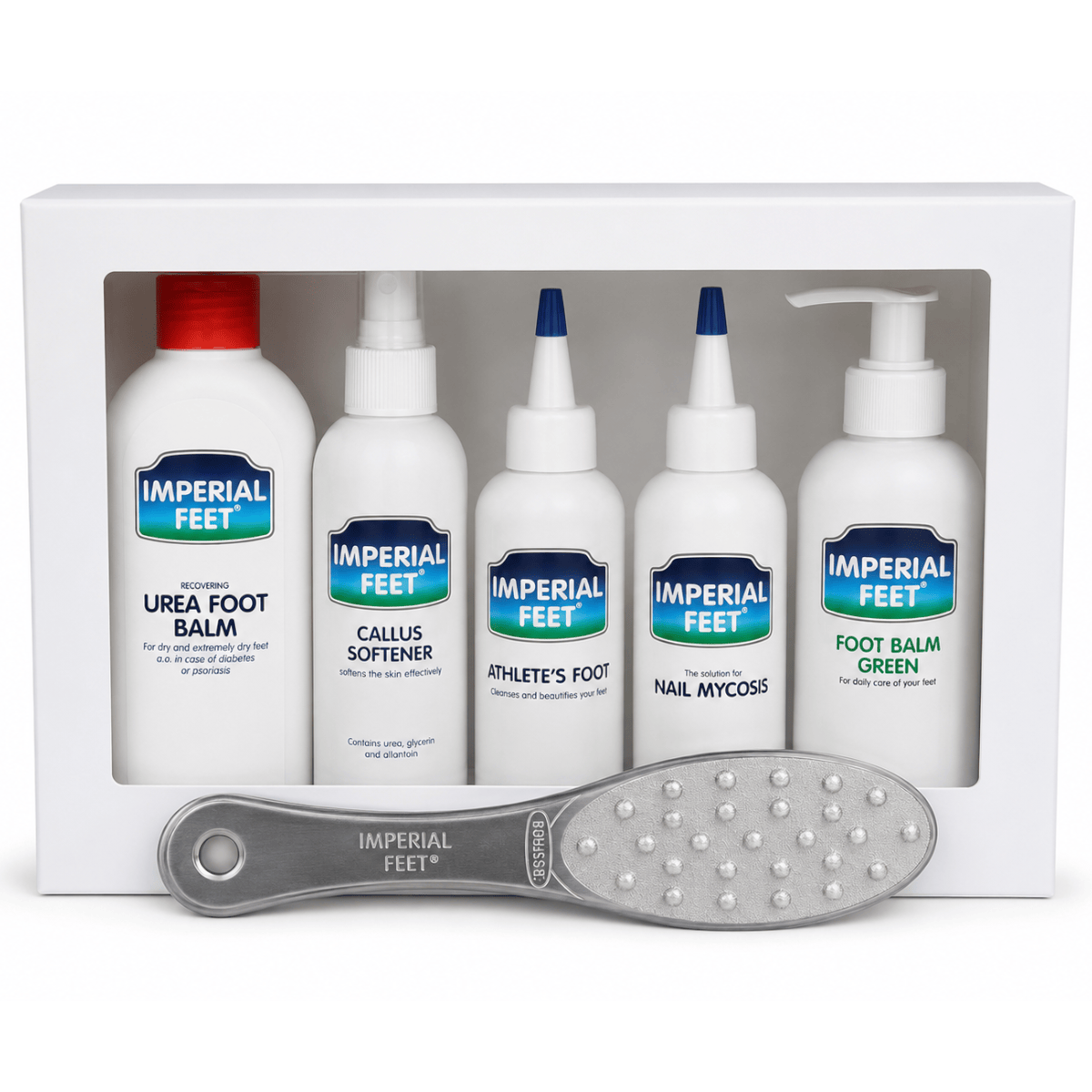 imperial-feet-pedicure-set-x5-doro-metalliki-raspa-445999 Συσκευασία δώρου Imperial Feet Pedicure Set X5 που περιλαμβάνει 5 θεραπευτικά προϊόντα περιποίησης ποδιών και δώρο μια επαγγελματική μεταλλική ράσπα.