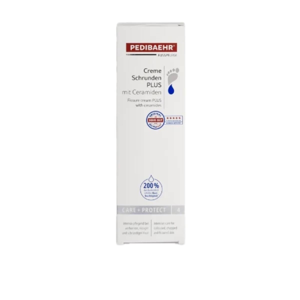 Λεπτομέρειες συσκευασίας PEDIBAEHR Creme Schrunden PLUS και σήματα ποιότητας