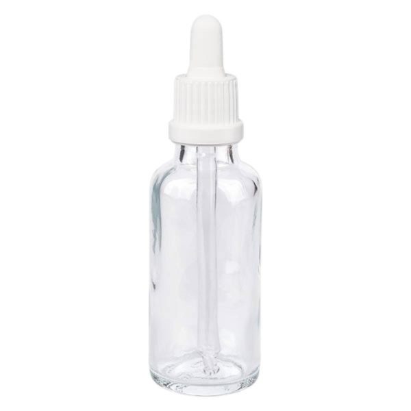 Διάφανο γυάλινο μπουκάλι 50ml με λευκό πώμα πιπέτα