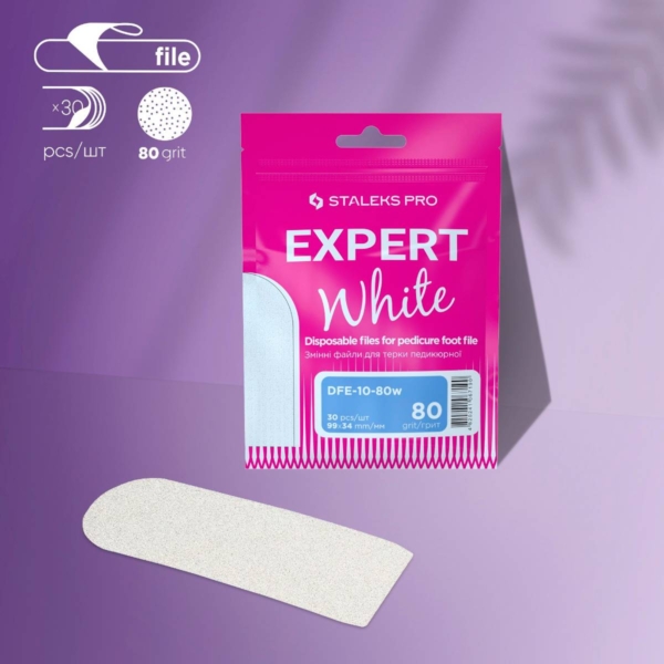 Συσκευασία STALEKS PRO EXPERT DFE-10 80 grit με 30 αυτοκόλλητες λίμες ράσπας ποδιών σε μωβ φόντο.