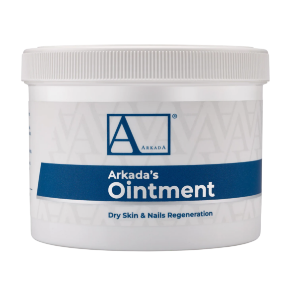 Arkada’s Ointment σε λευκό δοχείο450g με μπλε ετικέτα και βιδωτό πώμα.