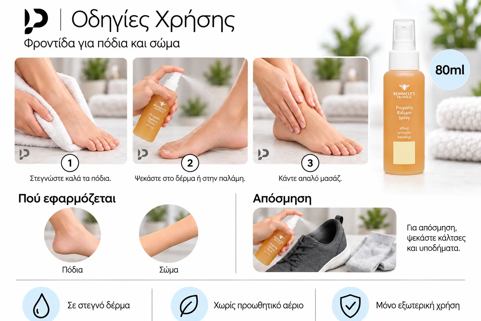 Οδηγίες χρήσης Remmele’s Propolis Propolis Balm-Spray Σπρέι Πρόπολης για Φρεσκάδα και Κακοσμία 80ml, με ξεχωριστά σημεία εφαρμογής: Πόδια, Σώμα.