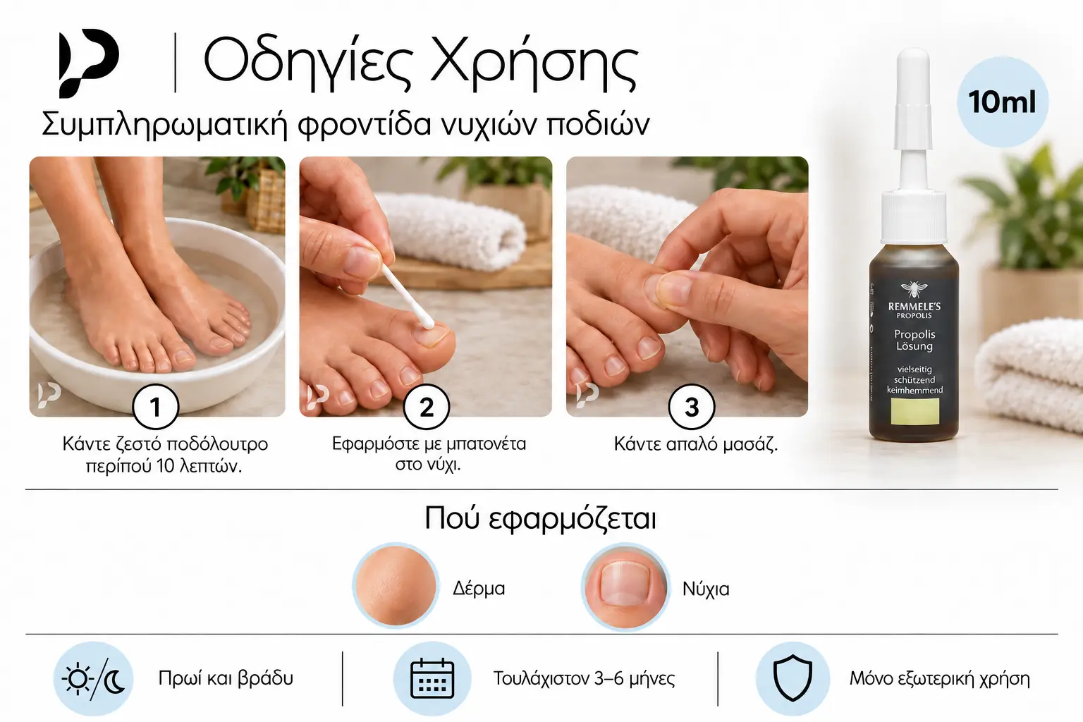 Οδηγίες χρήσης Remmele’s Propolis Propolis Solution Βάμμα Πρόπολης για Σκληρύνσεις και Προστασία Δέρματος και Νυχιών 10ml, με ξεχωριστά σημεία εφαρμογής: Δέρμα, Νύχια.