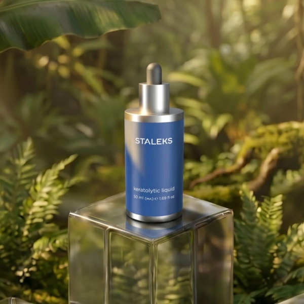 Μπλε φιαλίδιο STALEKS PRO KT-50 50ml σε πράσινο σκηνικό με φυλλώματα.