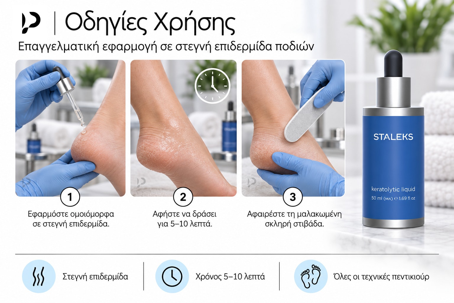 Οδηγίες χρήσης της κερατολυτικής λοσιόν STALEKS PRO treat.s KT-50 50ml.