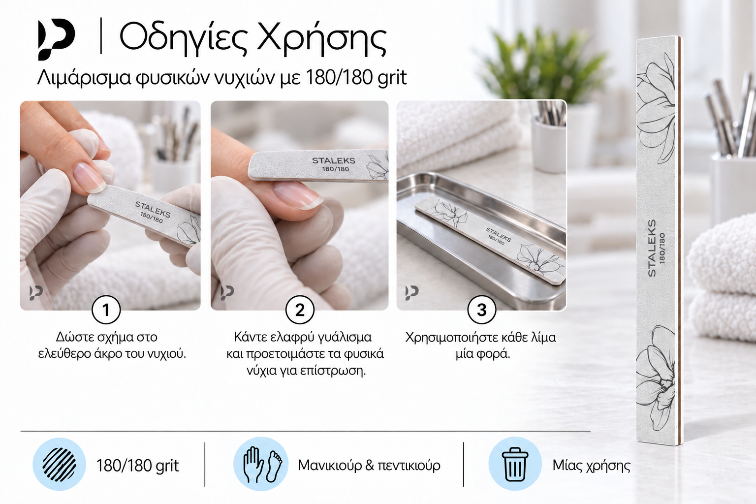 Οδηγίες χρήσης λίμας 180/180 grit: σχήμα στο ελεύθερο άκρο, ελαφρύ γυάλισμα και προετοιμασία φυσικών νυχιών, μία χρήση.