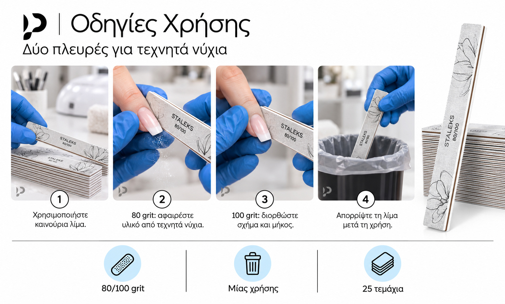 Οδηγίες χρήσης STALEKS PRO 80/100: καινούρια λίμα, αφαίρεση υλικού με 80 grit, σχήμα με 100 grit και απόρριψη.