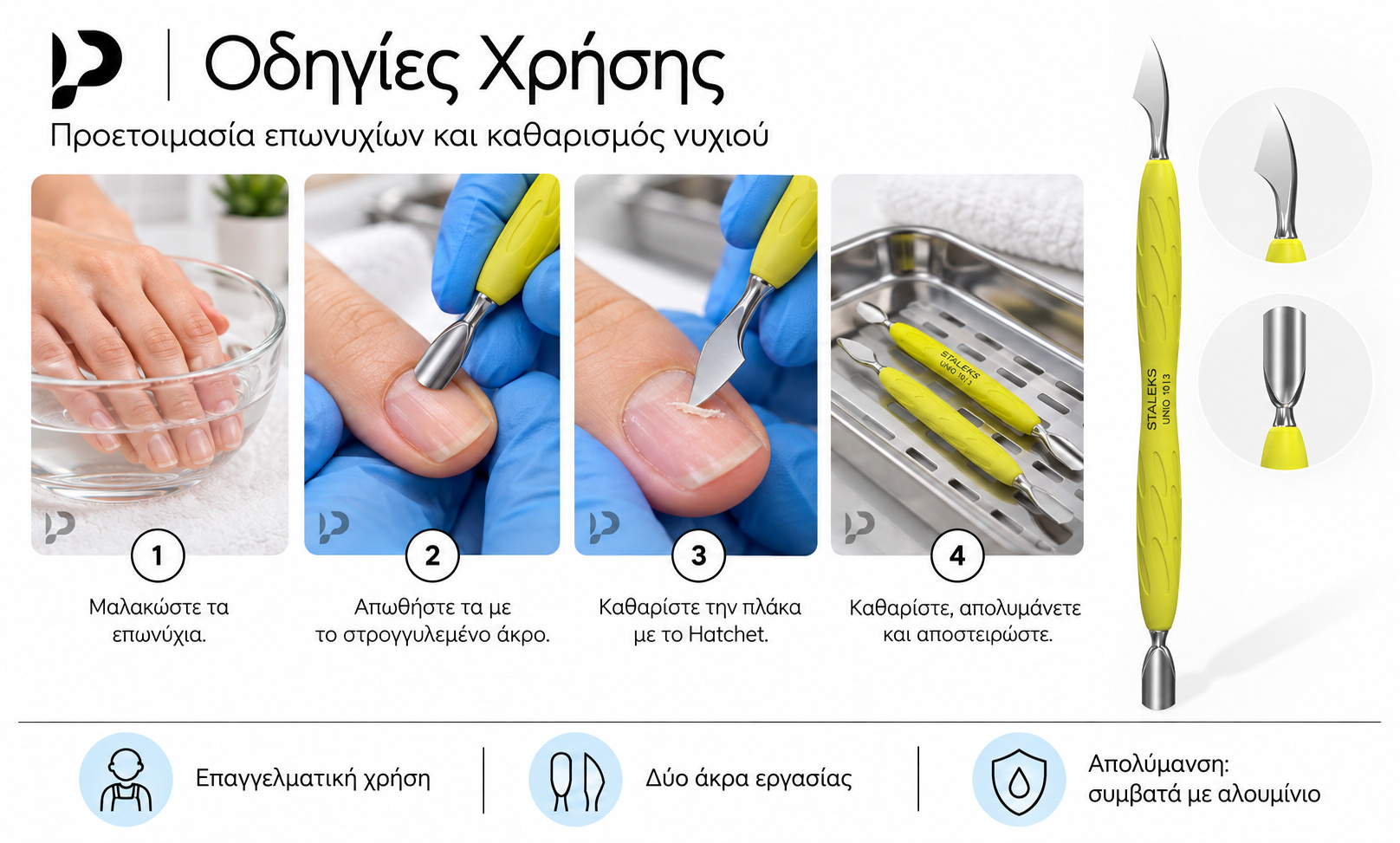 Οδηγίες χρήσης STALEKS GUMMY PQ-10/3y: μαλάκωμα επωνυχίων, απώθηση με pusher, καθαρισμός με Hatchet και φροντίδα εργαλείου.